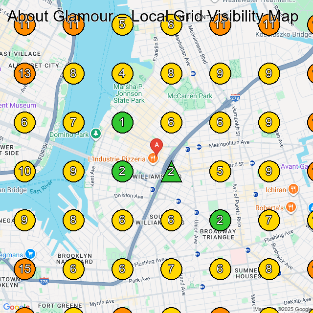 About Glamour GeoGrid ranking map for Vintage Clothing Store in Brooklyn